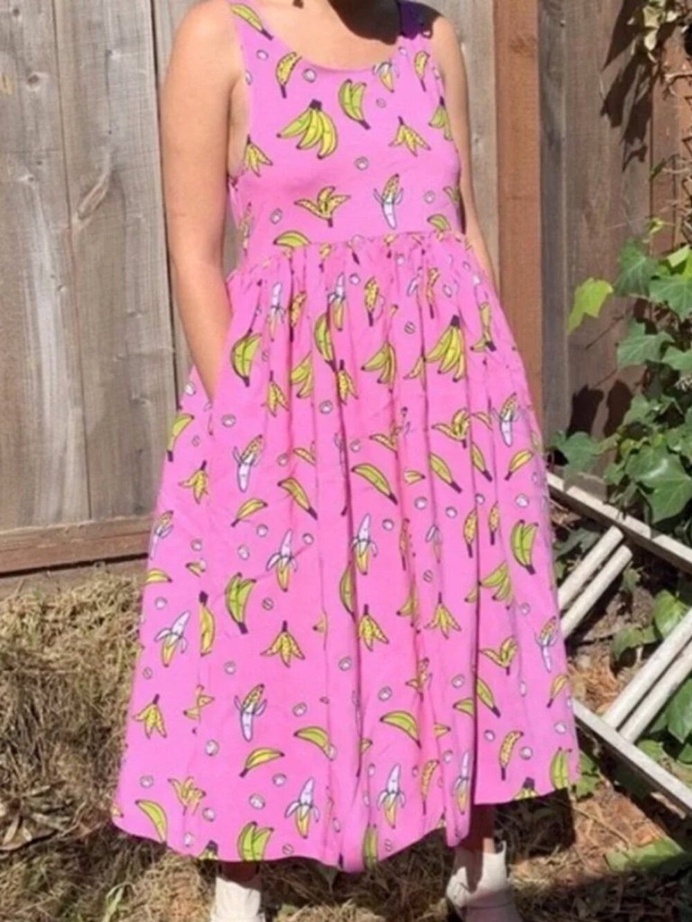 Nooworks Pink Banana-Print Sleeveless Midi Dress